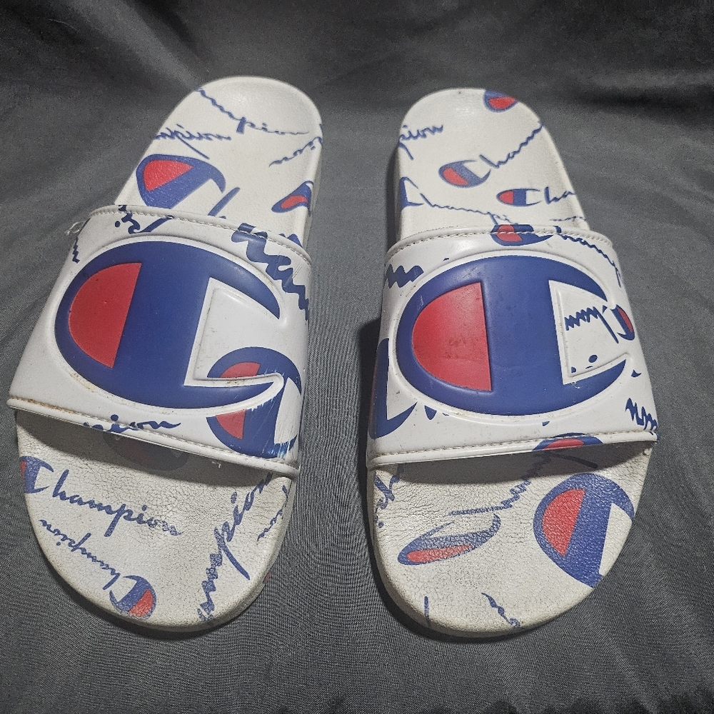 Champion Kids Slide Sandals - White, Blue, and Red